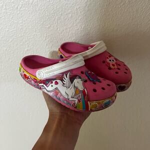 Crocs Clogs Kids Size C10 Pink Unicorn Rainbow Jibbitz Charms Classic Comfort